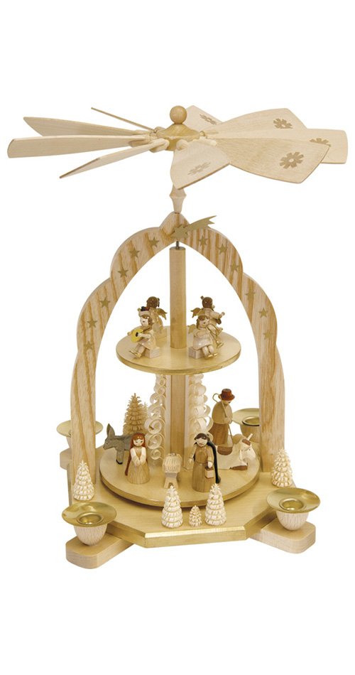 ISDD German christmas pyramid Nativity scene, 2-tier, height 31 cm/12 inch, natural, original Erzgebirge by Richard Glaesser Seiffen