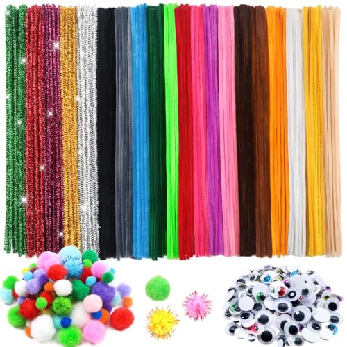 TOAOB 500 Pezzi Scovolini Ciniglia Steli per Lavoretti Colorati Pipe Cleaner Autoadesivo Occhi Adesivi e Pompom Pompon per Natale Decorazion Artigianato Arti Decorativi Fai da Te