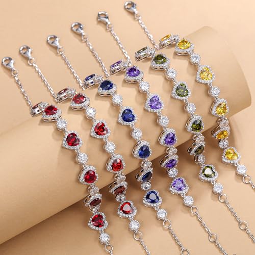 FANCIME Ms Charming Sterling Silver Birthstone Tennis Bracelet for Women Halo Heart Design Gemstone Jewelry Anniversary Birthday Gifts for Her Mom Wife3