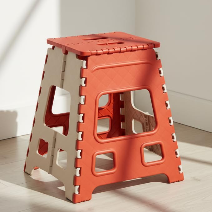 Image of U-MAX 18 Inch Folding Stool - Compact, Portable Step Stool for Kids & Adults, Lightweight Plastic Design, Slip-Resistant, Ideal for Kitchen, Bathroom, Camping & Travel (Red / 18 inch)
