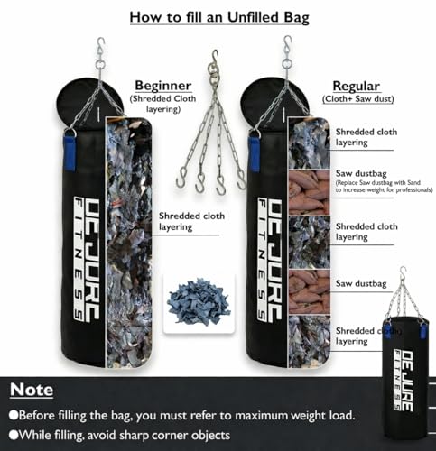 Image of De Jure Fitness Heavy Duty Unfilled Punching Bag with Rust-Proof Steel Hanging Chain | Durable Polyester Fabric | Boxing MMA, Kickboxing (Polyester-Unfilled Black, 2 Ft)