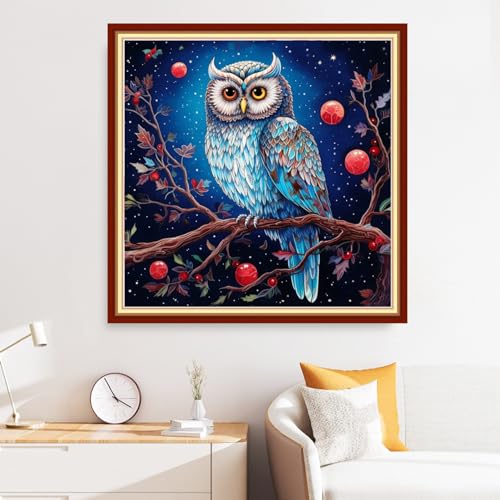 Image of Disxvivy Cross Stitch Stamped Full Embroidery Kits DIY 11CT Cotton Thread Printed DIY Needlepoint Kits Craft Needlework Set Cross-Stitch Stamped Sets-Owl on Tree 18x18 inch