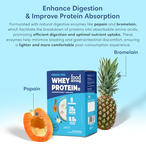 Image of Foodstrong Whey Protein Powder (Concentrate + Isolate), 100% Hormone Free Grass-Fed Whey, 26G Protein & 6.6G BCAA, Vanilla, With Turmeric & Digestive Enzymes, 210G