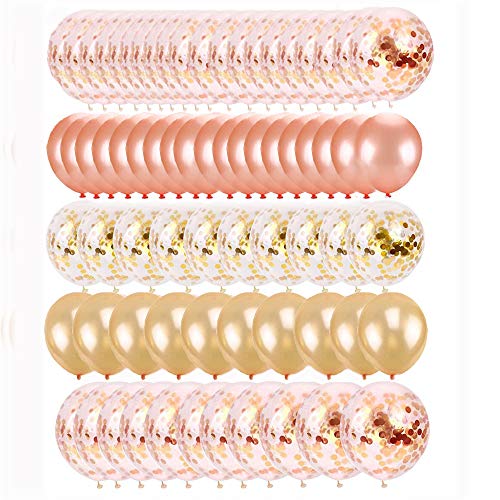 REYOK 60 Stück Luftballons Rose Gold Konfetti Helium Latex Ballons für Hochzeit, Geburtstag, Vorschlag, Weihnachten, Brautgeschenke, Baby-Duschen, Valentinstag.Party Deko (Rosegold + Gold) 30cm