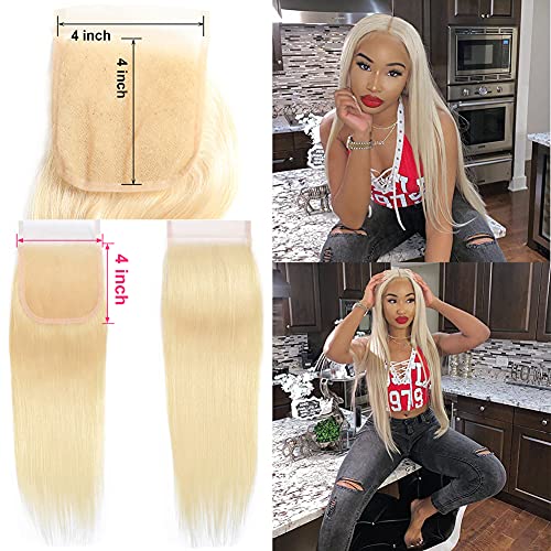 Agnes 613 Blonde 4X4 Human Hair Lace Closure Free Part 130 Density Brazilian Vigin Transparent With Baby Pre Plucked Natural Hairline Straight Wave Bleached Knots 16 Inch
