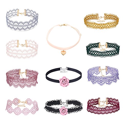Mingjun - 11 piezas multicolor - gargantillas de encaje gótico y terciopelo con flores para mujeres y niñas - estilo años 90