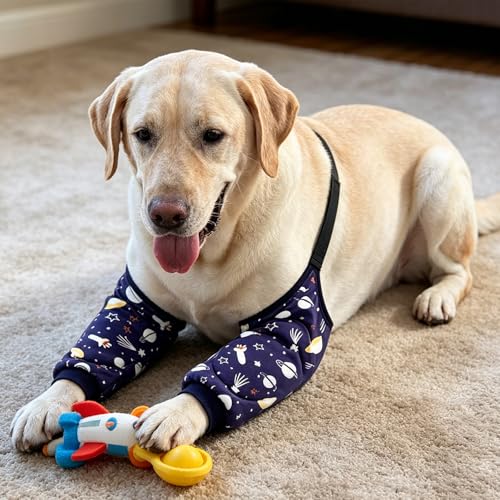 Image of Dog Knee Protector Pad for Calluses Knee Brace Front Elbow Support Wrap, Pet Sleeves for Wounds Dog Elbow Callus Treatment for Medium Large Dogs with Scarf (2XL Stars)