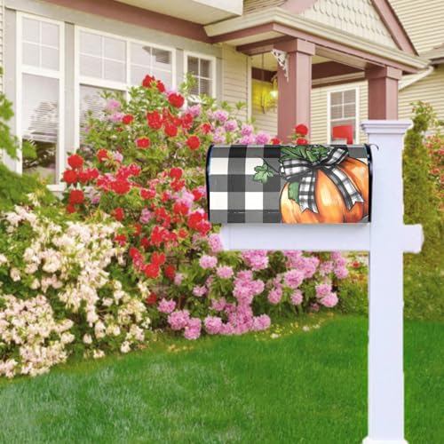 Image of Fall Autumn Magnetic Mailbox Cover Orange Pumpkin Bowknot Buffalo Plaid Checkered Thanksgiving Mailbox Wrap Post Cover Standard Size 21x18 Inch for Garden Yard Outdoor Seasonal Decor