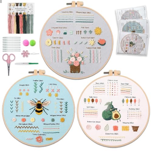 Aucuu 3 Piezas Kit de Puntadas de Bordado, Kit Punto De Cruz, Kit de Inicio de Bordado para Principiantes y Aficionados, Aprender 28 Puntadas Diferentes,Incluye Percal,Hilo,Aguja,Aro Y Vídeo Tutorial