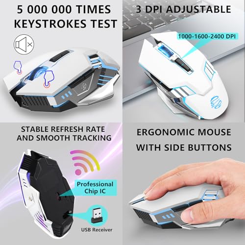 Image of Bluetooth Wireless Gaming Mouse, RGB Rechargeable USB Wireless Mouse, Quiet Click, LED Backlit, Ergonomic, with Side Button, DPI Adjustable Computer Mice for Laptop PC MacBook Chromebook - White