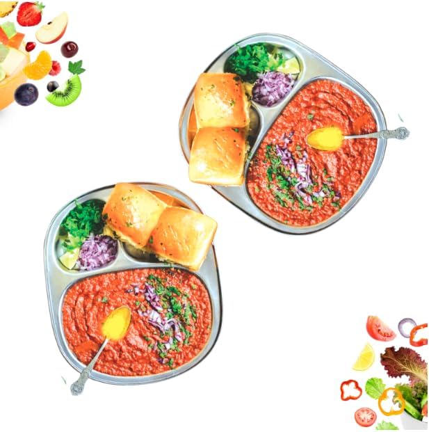Image of Stainless Steel Plates with Compartments /Tiffin,Pav Bhaji, Partition, Breakfast Steel Plates for Lunch /Dinner /Kids Set of 2 (Small for Kids)
