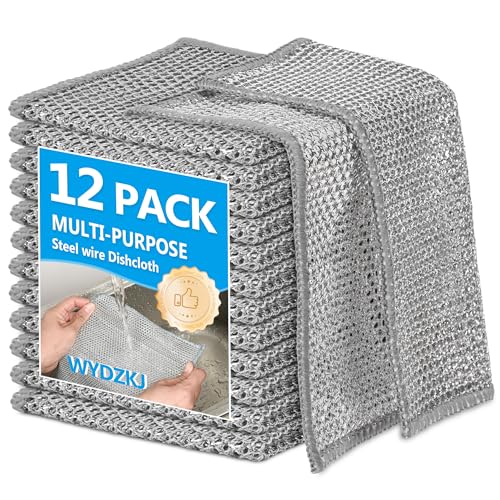 WYDZKJ 12Pack Multipurpose Wire Dishwashing Rags Upgrade Non Scratch Wire Dishcloth Silver Mesh Dish Cloths Reusable Metal Mesh Cleaning Cloths Steel Scrub Rags for Kitchen/Stove/Oven/Bath
