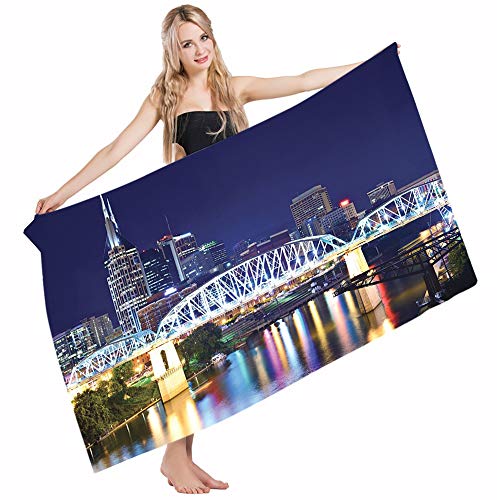 Mugod Beach Towel Bath Towels Travel Skyline of Downtown Nashville Tennessee USA Reflection Travel Destination Yoga/Golf/Swim/Hair/Hand Towel for Men Women Girl Kids Baby 64x32 Inch