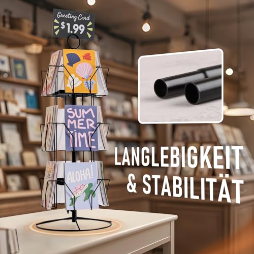 ANBOXIT Postkartenständer, Postkartenhalter Drehbarer Ständer für Grußkarten, für Postkarten, Aufkleber, Feiertags-Geschenkkarten im Einzelhandel Schwarz, 12 Fächer