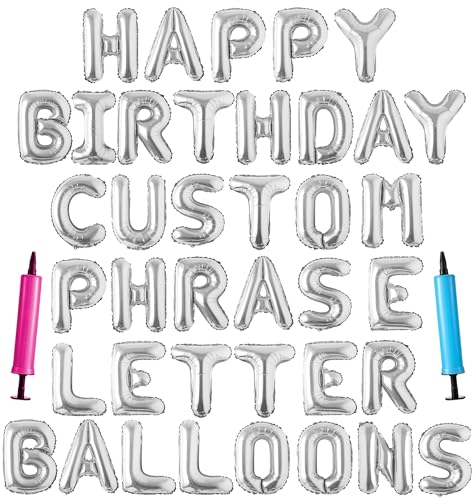 Image of Happy Birthday Balloon Banner Custom Phrase Balloons letter 16 inch Personalized Alphabet Letters Foil Mylar Balloons (Silver)