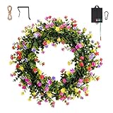 Glowing Petals Solar Spring Wreath for Front Door Pre-lit Wreath 16inch 30LED Wreaths Spring Summer Decor for Outside Aftificial Spring Bloom Wreaths Colorful Home Decorations Wall Festival Decor