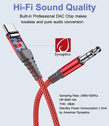 USB C to 3.5mm Audio Aux Jack Cable 2M [HiFi Sound,DAC Chip],Type C to 3.5mm Aux Compatible with Huawei P30 P20 Mate 10 Mate 20 Pro, Pixel 4 3 2 XL, Samsung Galaxy Note 20 10 S21 S20 S10 etc -Red