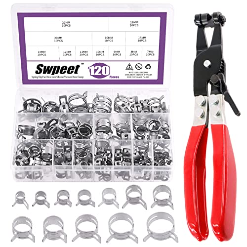 Swpeet 121 fascette stringitubo a molla Dacromet da 7 a 22 mm con fascia piatta girevole morsetto per tubo flessibile del carburante, kit di assortimento, tubo flessibile in silicone, morsetto per