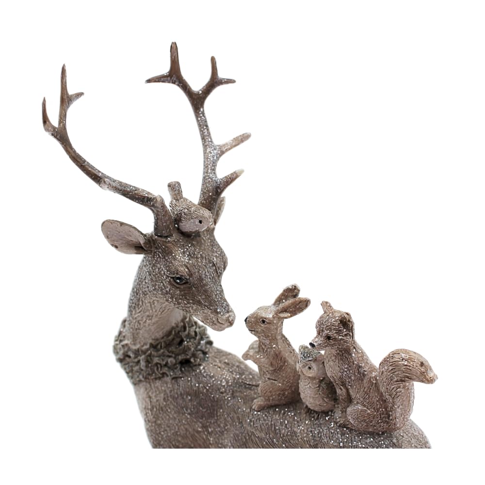 Dekohelden24 Hirschdeko, Deko-Rentier, Deko-Hirsch, Hirsch mit Geweih und 3 Eichhörnchen auf dem Rücken aus Keramik in grau, Größe L/B/H ca. 16 x 5 x 26 cm.