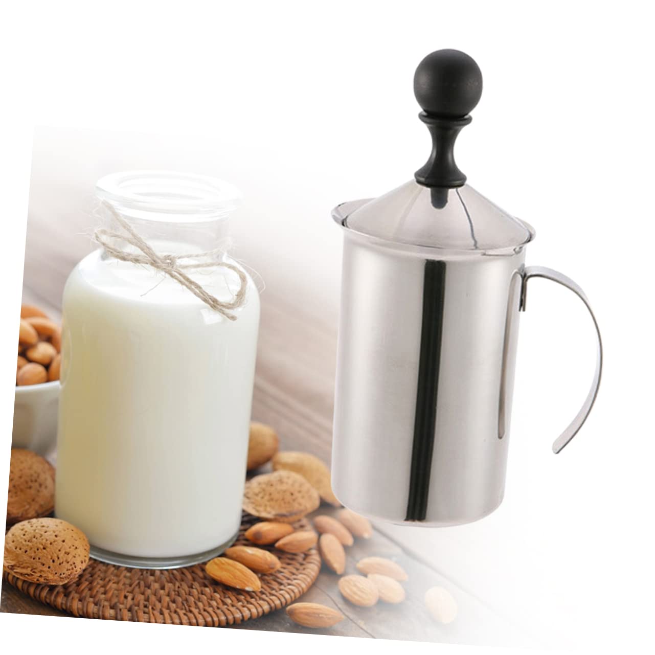 Schiumatore Latte Manuale in Acciaio Inox 600ml Pompa Coperchio Doppio Rete Tazza Per Bar E Casa Resistente E Versatile