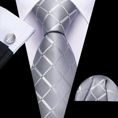 Image of Barry.Wang Plaid Ties for Men Silk Necktie Handkerchief Cuff Links Set