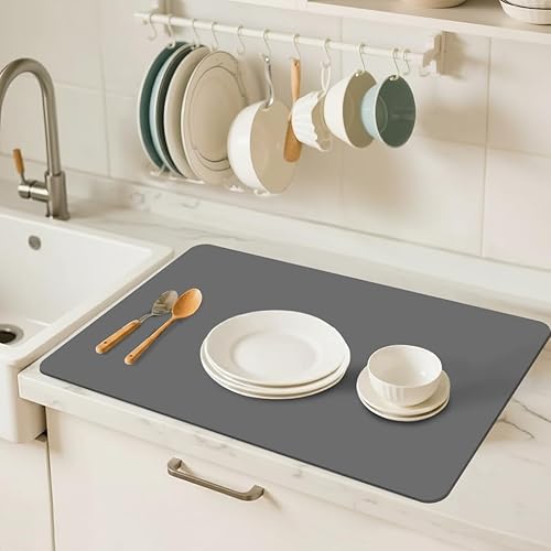 Miniatura 2 de Tapete grande para secar platos para encimera de cocina, 24 x 16 pulgadas, tapete absorbente para secar platos, base de goma, secado rápido, fácil