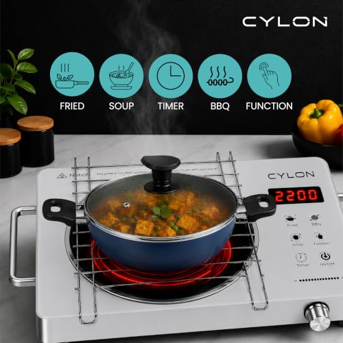 Image of CYLON InfraBlaze 2200W Infrared Cooktop Stove with Grill Rack, Crystal Glass Top, Digital Display, Touch Control, Compatible with All Cookware, Infrared Hot Plate, Silver