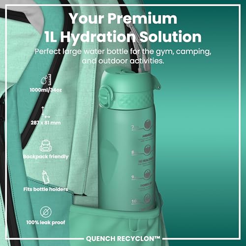 Ion8 Botella de Agua 1 Litro con Indicador de Horarios para Beber, Antiderrame, Tapa Abatible, Asa para Llevar, Apta para Lavavajillas, Libre de BPA, Agarre Contorneado de Toque Suave, Ideal para Gimnasio y Fitness, 32 oz, Teal miniatura 2