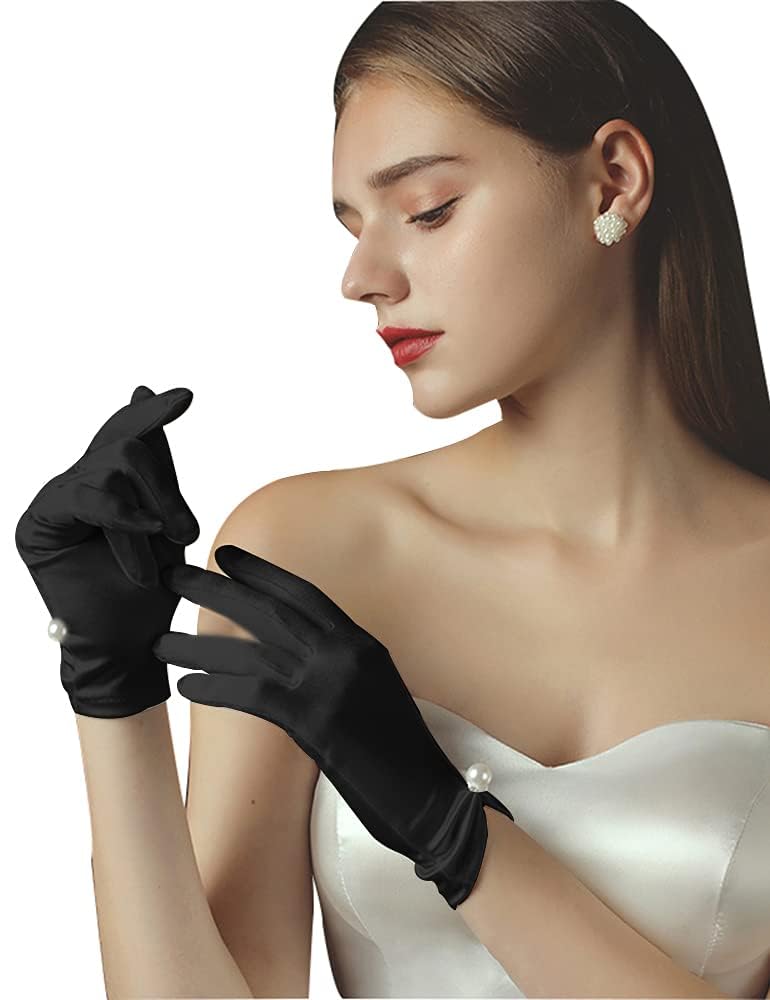 White Gloves, French Hepburn Style Pearl Gloves – Women's Short Satin Lace Gloves, Vintage Bow Bridal Gloves for Wedding Evening Party Banquet Dressy Opera Tea Party-image-1