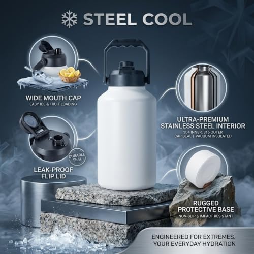 Image of 2 liters Water Bottle Insulated Stainless Steel | Large Sports Thermos 6 Hours Hot & Cold Water | Thermosteel Bottle for Gym, Travel, Office & Outdoor | Anti-Slip Base,Carry Handles, White