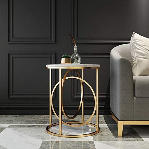 Telephone Table, Marble Side Table Round Coffee Table Telephone Table for Living Room Bedroom,Golden Wrought Iron Base,40x60CM (White