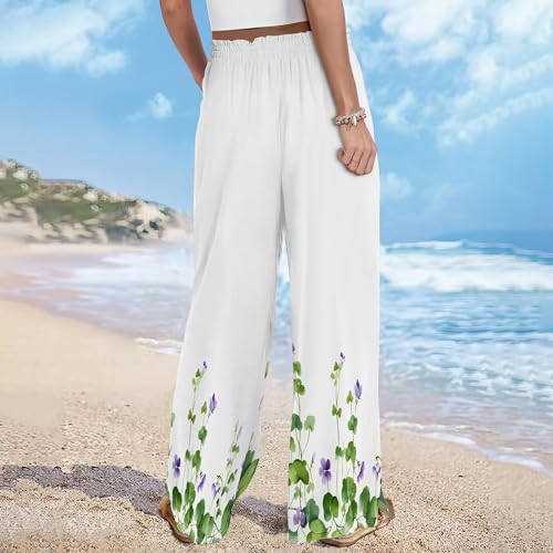 Womens Floral Print High Waist Wide Leg Pants Casual Baggy Plus Size Drawstring Side Split Trousers with Pockets3