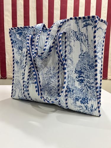 Quilted Beach Tote Bag with Tropical Palm Print, Blue and White, Cotton Canvas, Large Carry-All for Summer4