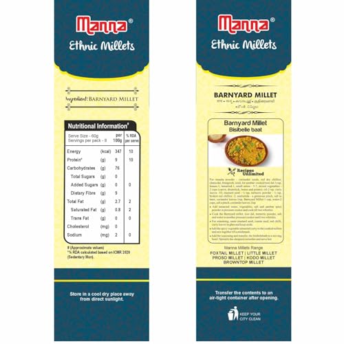 Image of Manna Barnyard Millet Natural Grains, 2kg (500g x 4 Packs) - (Khira /Swank /Kuthiraivally /Udalu /Kodisama | Native Low GI Millet Rice | High Protein & More Fibre than Rice