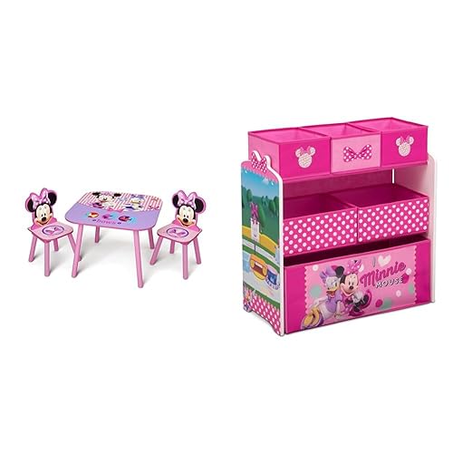 Delta Children Juego de mesa y silla para niños (2 sillas incluidas) y organizador de juguetes de Disney Minnie Mouse con 6 cubos de diseño y
