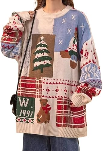 Christmas Ugly Sweaters for Women Cute Patchwork Knit Oversized Chunky Warm Pullover Sweater Top