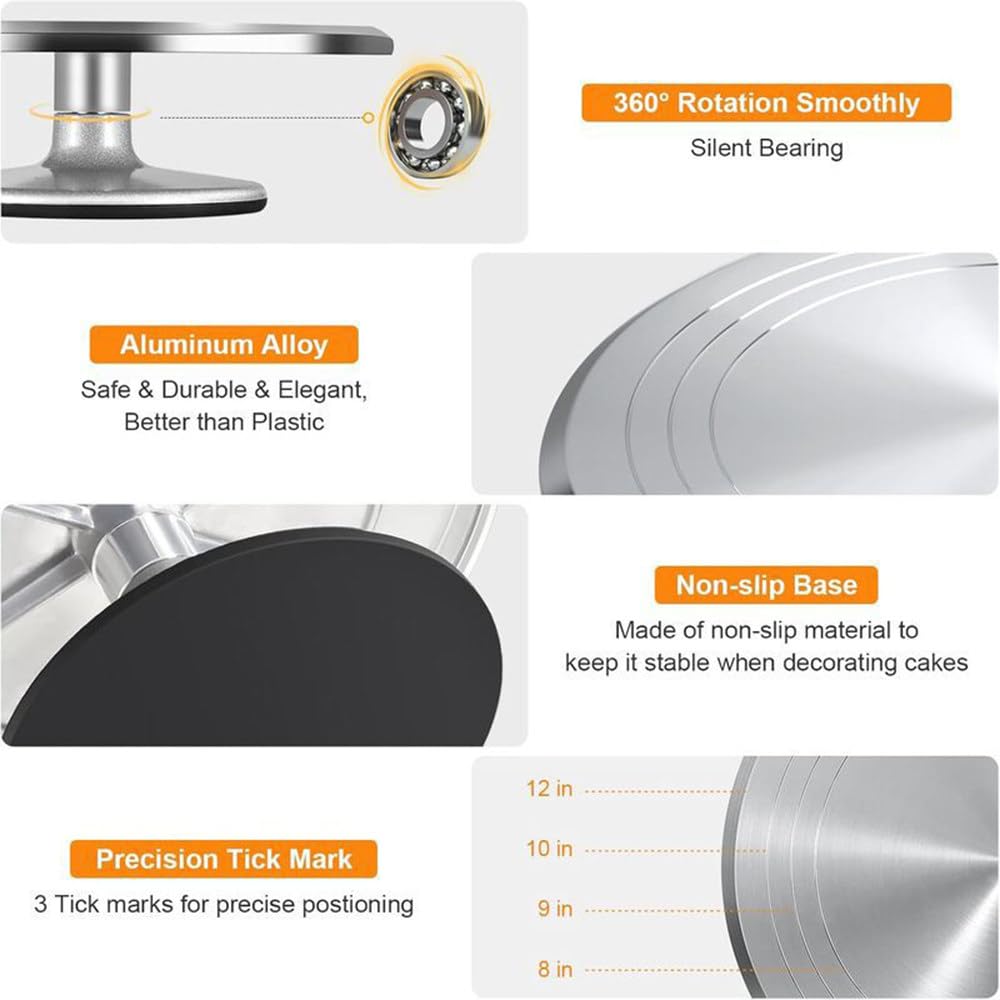 Ensemble De Plateau Tournant à GâTeaux En Aluminium De 12 Pouces Avec Base AntidéRapante Et Rotation Fluide à 360° — Support Professionnel Pour La DéCoration De GâTeaux D'Anniversaire 22-PcSet