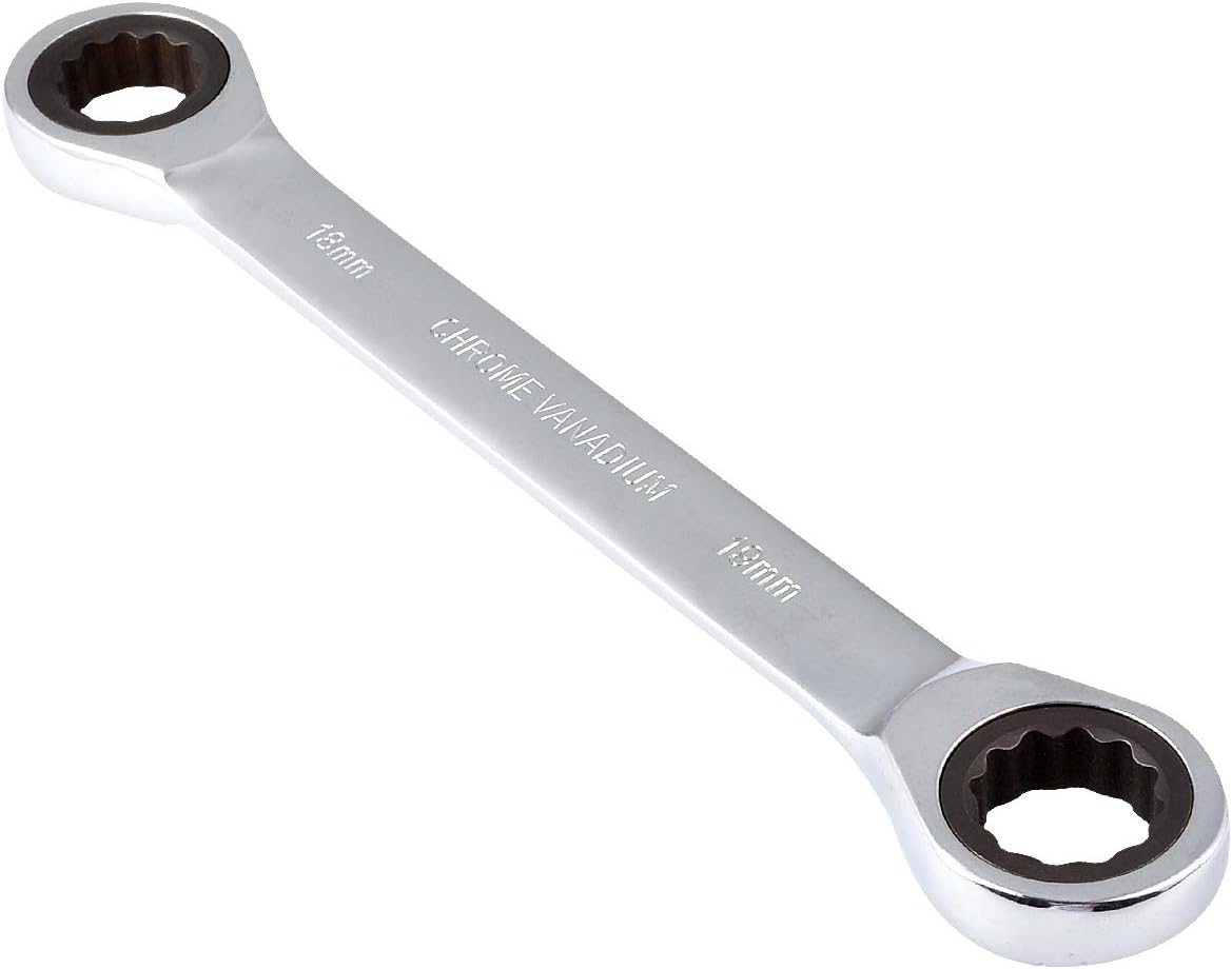 KATUR 1 PC Metric Double Box Ratcheting Wrench, Chrome Vanadium Double Ring Box End Spanner, Auto Repair Hand Tools (18 x 19mm, Silver)