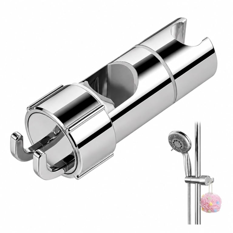 Adjustable Shower Head Holder Universal Shower Rail Clamp Bracket with Dual Hooks 360 Rotation Anti-Slip Shower Head Replacement Fits 18-25mm Round Slider Rail