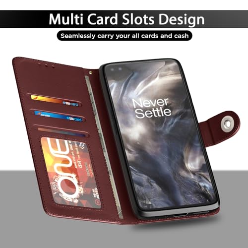 Image of Pikkme Flip Cover Leather Finish | Inside TPU with Card Pockets | Wallet Stand and Shock Proof | Complete Protection Button Flip Case for Oneplus Nord (2020) (Brown)