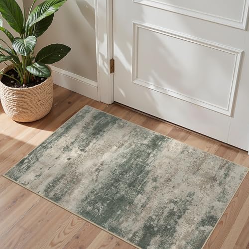 2x3 Rugs for Entryway Entrance Kitchen Bathroom, Machine Washable Modern Abstract Soft Area Rug, Indoor Floor Carpet with Non Slip Rubber Backing, Muted Green/Beige