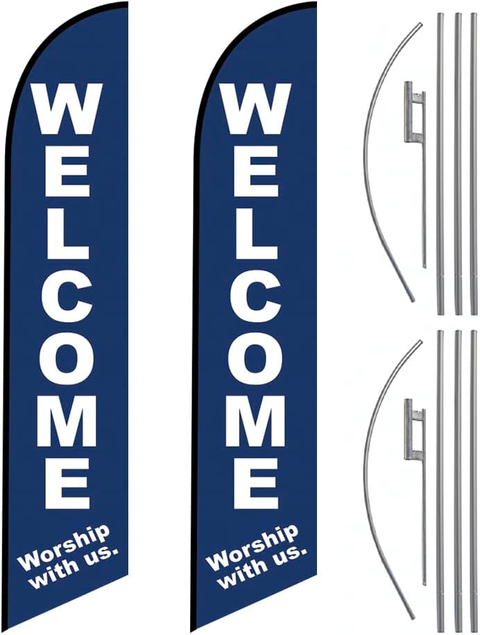 Pack 2 - Welcome Worship With Us Church 15' FT Feather Banner Sign with Flag Pole Kit and Ground Spike - Perfect for churches looking to welcome visitors and encourage worship attendance.