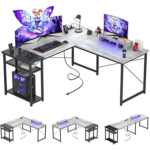Cyclysio L Shaped Desk with LED Light, Reversible L-Shaped Corner Desk with Power Outlets and USB, 83.5'' Large 2 Person Desk with Monitor Stand, 51 L Shaped Gaming Computer Desk, White Oak and Black