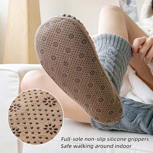 Slipper Socks for Women Grippers, Black Thick Lined Knit Slipper Sock With Sole Non Skid Bottom, Indoor House Fuzzy Slipper Sock for Hospital Floor, Christmas Slipper Socks for Family, Large Size 9-113