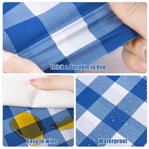 Image of Kochorie 54 Inch x 300 Ft Blue Checkered Plastic Table Cloth Roll Disposable Waterproof Table Cover Plastic Table Cover Roll with Easy Slide Cutter for Outdoor Picnic /Home Dining /Spring Party