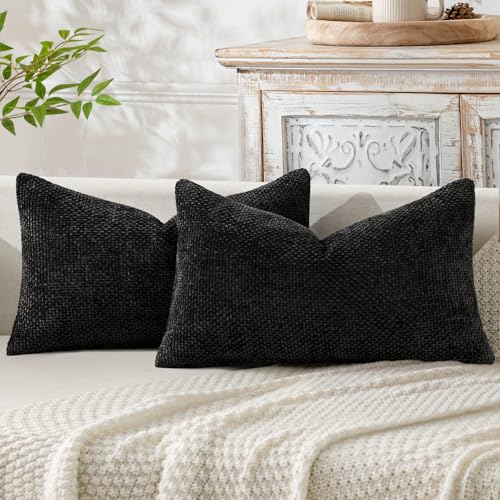 Image of MIULEE Pack of 2 Lumbar Couch Throw Pillow Covers 20x12 Inch Black Modern Boho Accent Decorative Pillow Covers Soft Chenille Farmhouse Cushion Covers for Home Decor Bed Sofa Living Room