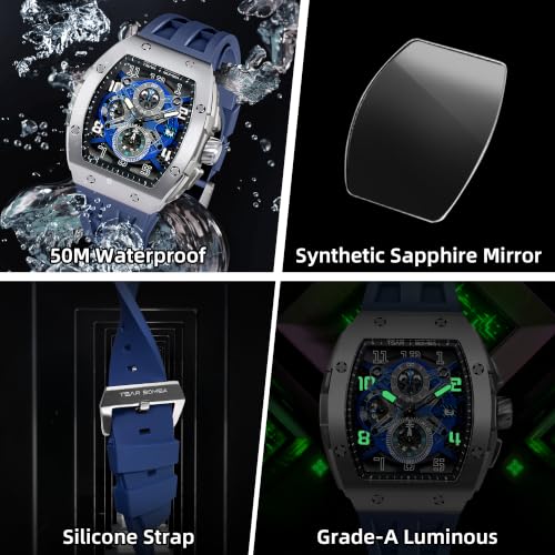 Image of TSAR BOMBA Men's Luxury Quartz Watch, Luminous Dial 5ATM Water Resistance Silicone Strap Men's Wristwatch Ideal Gift for Men