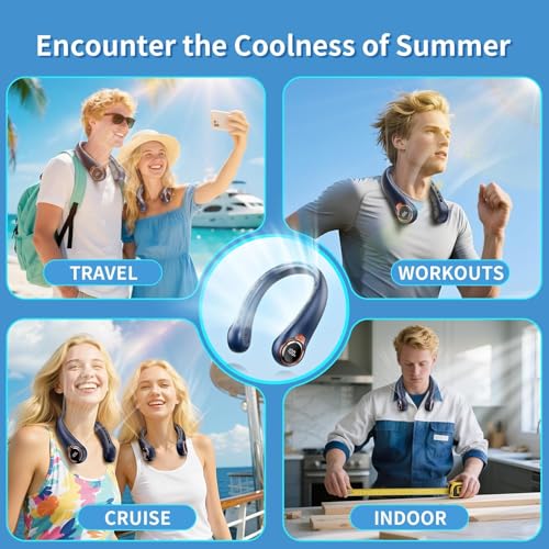 Image of Portable Neck Fan with 6000mAh USB - Rechargeable Battery, Ultra-Light Bladeless Neck Fan LED Display, 360 Cooling Wearable Fan, 3 Speeds -Blue