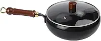 Panela de ferro trabalhada com barriga grande sem revestimento para cozinhar consciente da saúde, adequada para todas as receitas (panela de 24 cm + tampa de vidro)