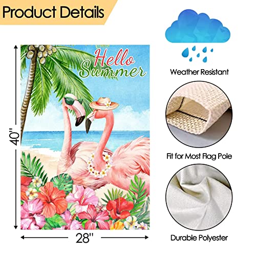 Pickako Hello Summer Flamingo Couple Garden Flag For Outside Decor 28X40 Double Sided Vertical, Summer Tropical Ocean Beach Garden Yard House Flags Seasonal Spring Summer Outdoor Decoration #TOP2